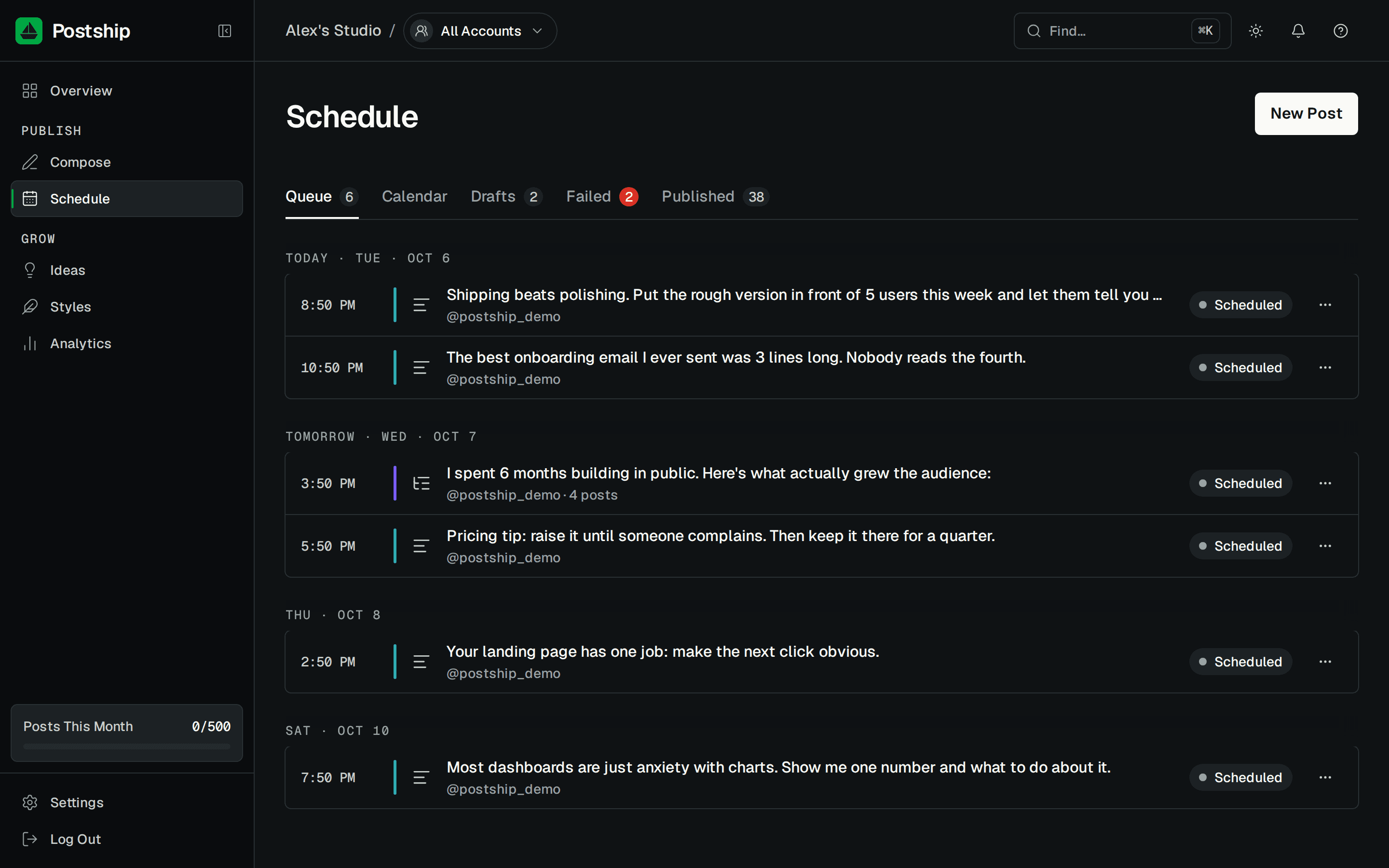 The Schedule page: this week’s posts grouped by day, each with its time, type and status.