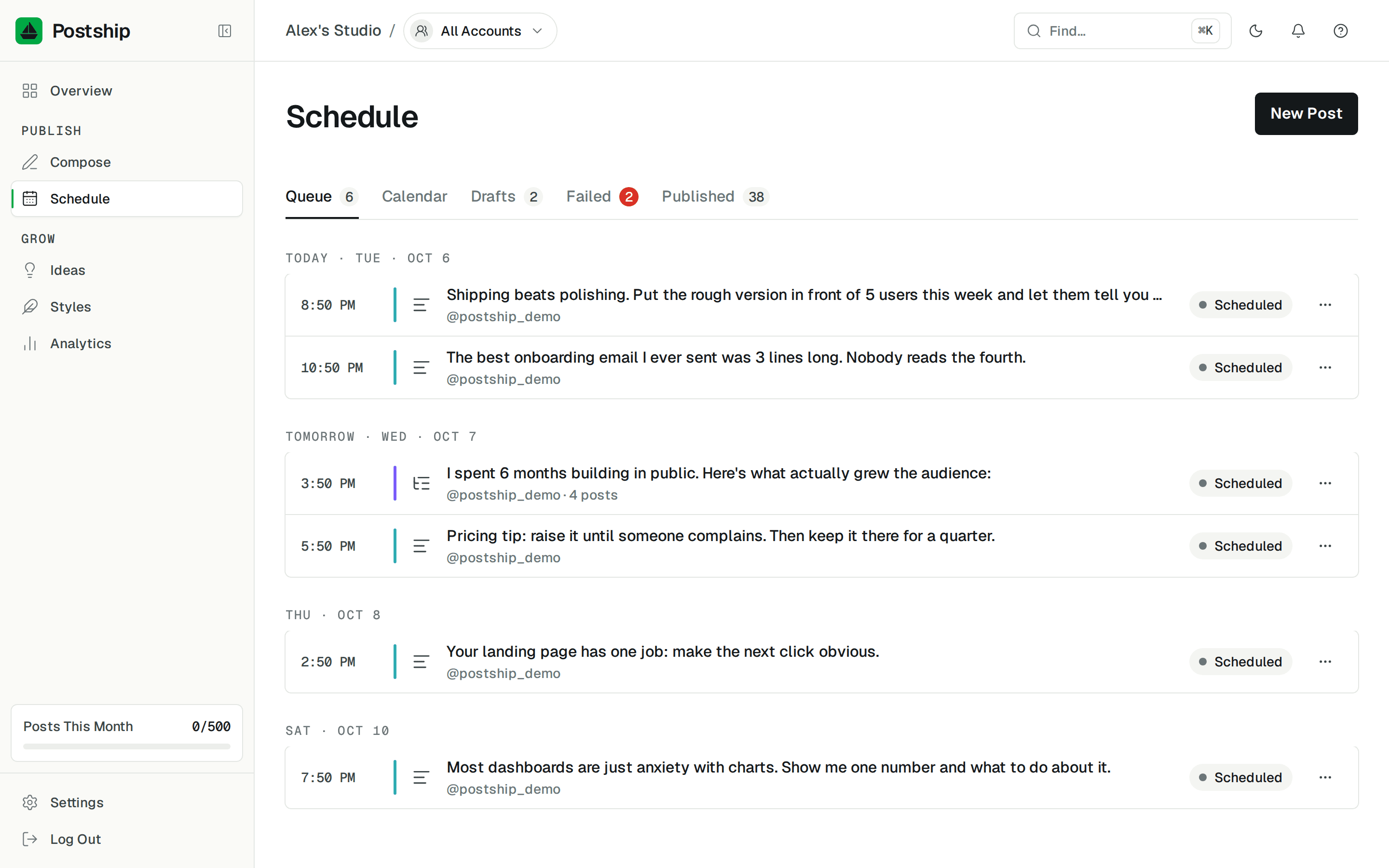 The Schedule page: this week’s posts grouped by day, each with its time, type and status.